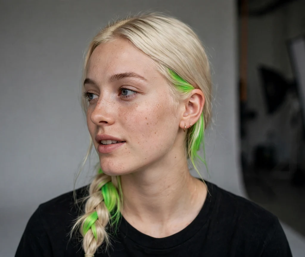 Neon green peek-a-boo hair dye panels in a platinum blonde side braid