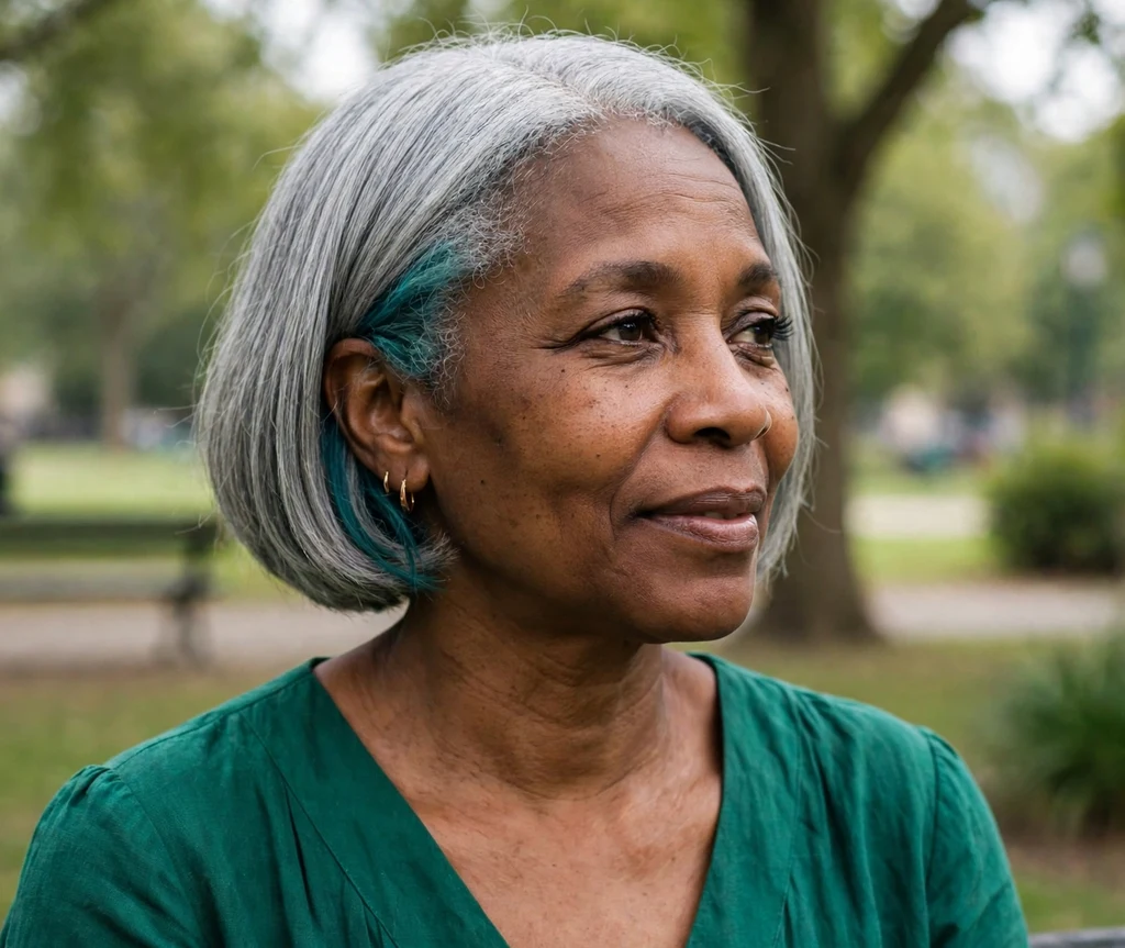 Teal peek-a-boo hair dye panels beneath a silver gray bob