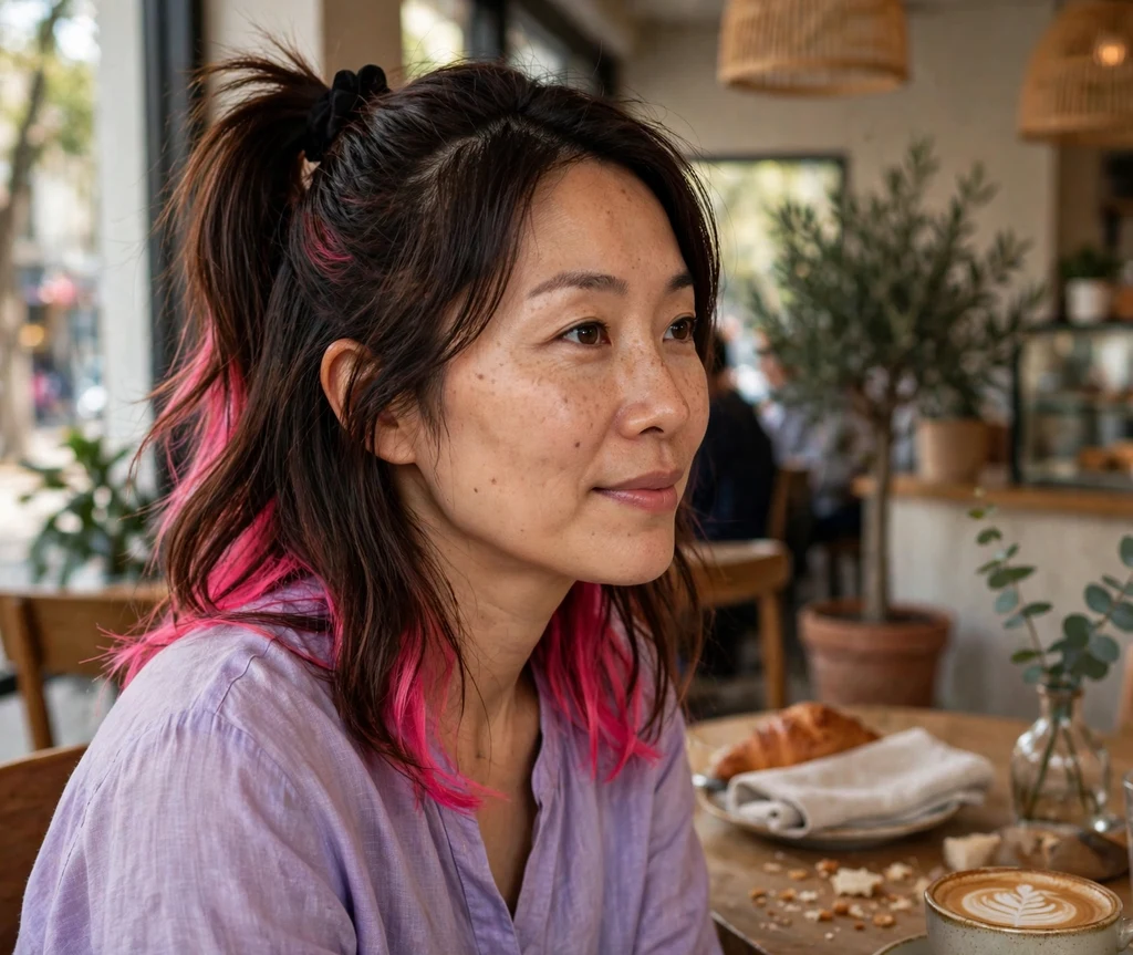 Hot pink peek-a-boo hair dye in a half ponytail