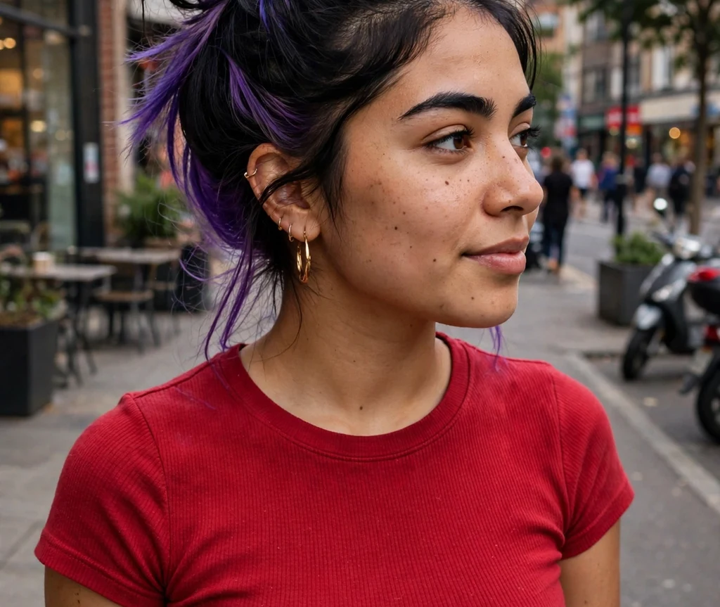 Violet peek-a-boo hair dye panels beneath long hair in a high bun