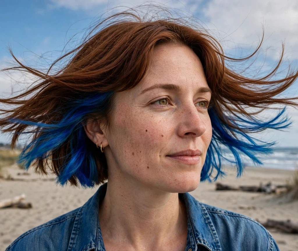 Electric blue peek-a-boo hair dye underlayer in a flipped auburn bob