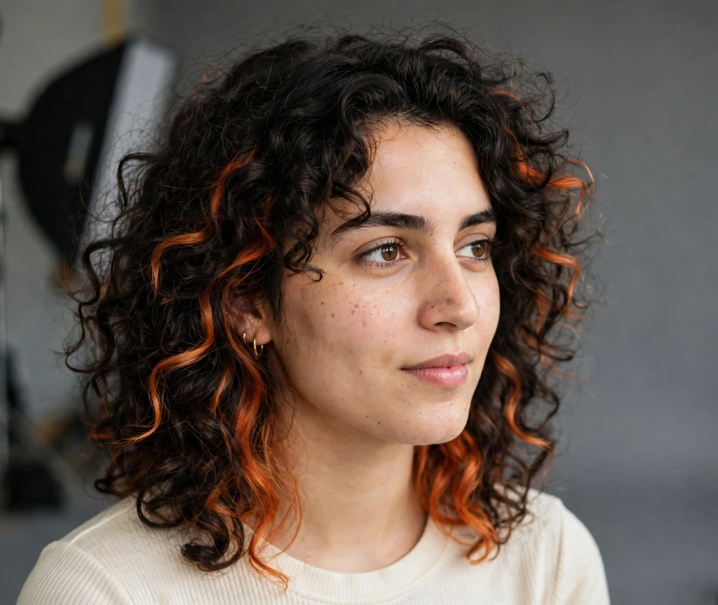 Copper orange peek-a-boo hair dye panels in dark curly hair
