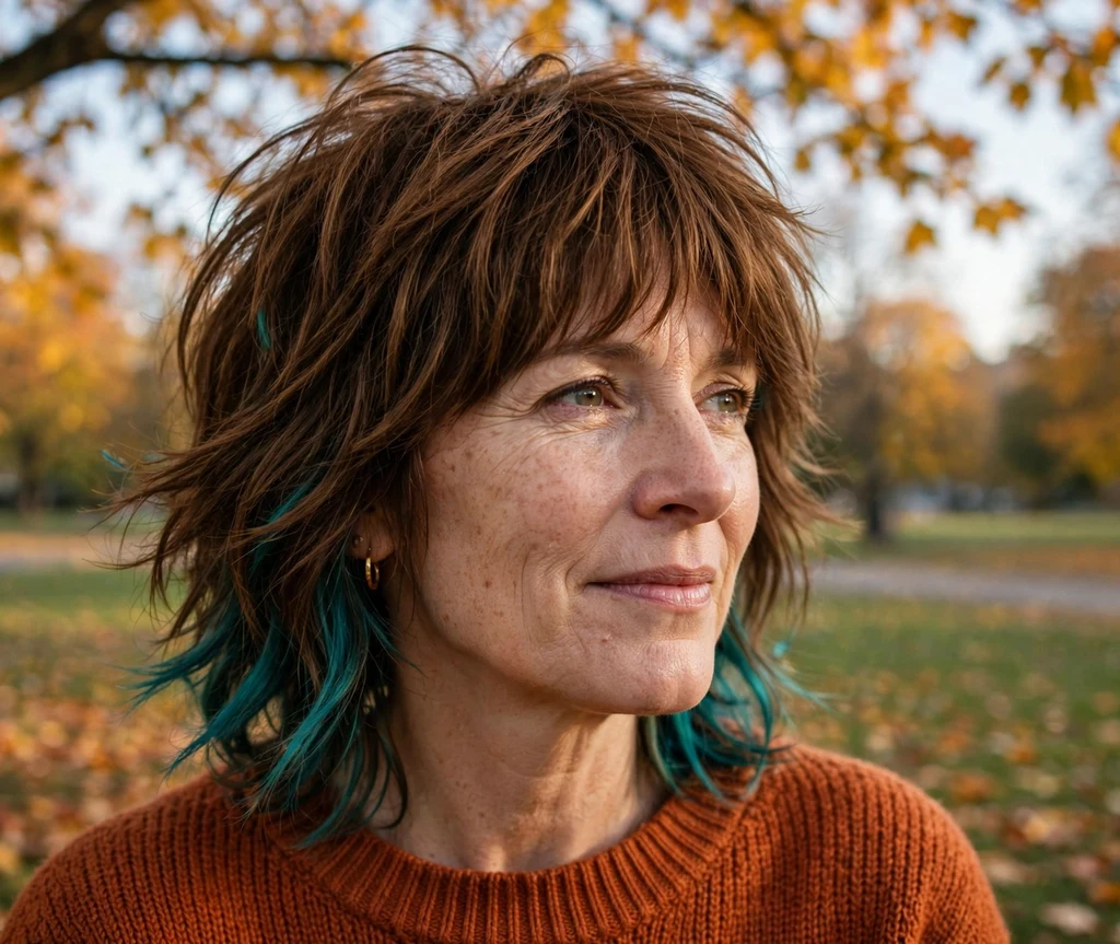 Teal peek-a-boo hair dye panels under a chestnut shag haircut