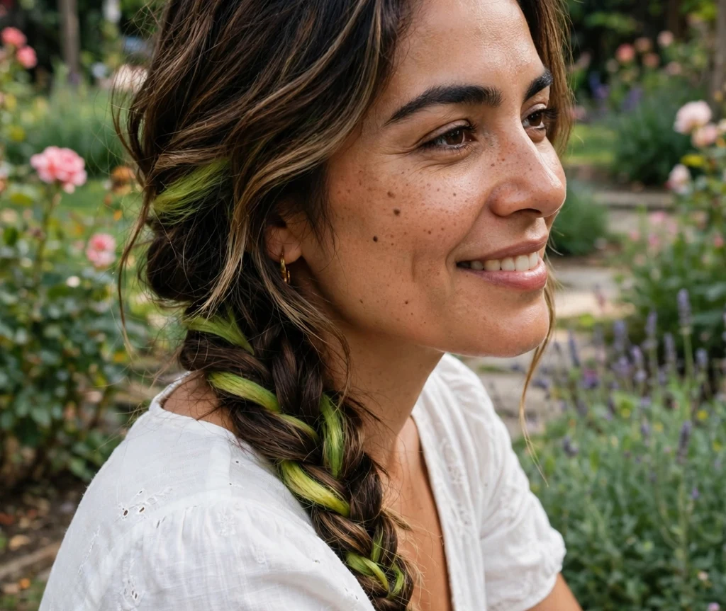 Lime green peek-a-boo hair dye panels in a side braid
