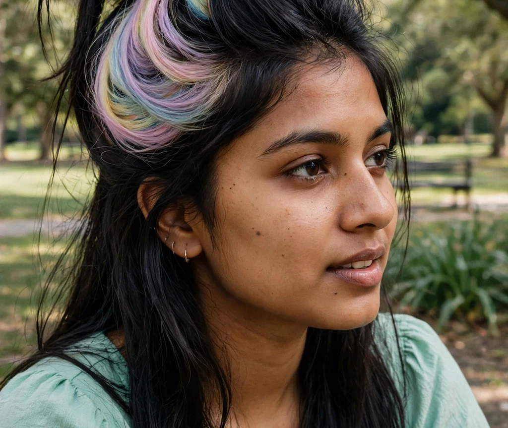 Pastel rainbow peek-a-boo hair dye layers under long dark hair