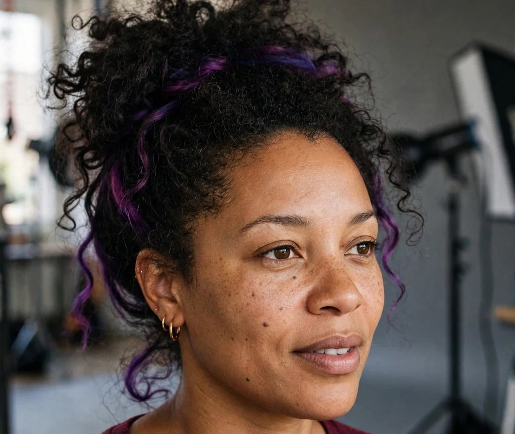 Deep purple peek-a-boo hair dye panels in a curly updo