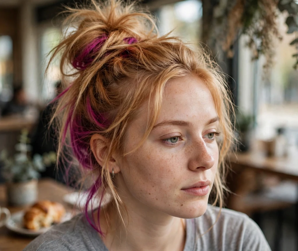 Magenta peek-a-boo hair dye panels beneath a messy topknot