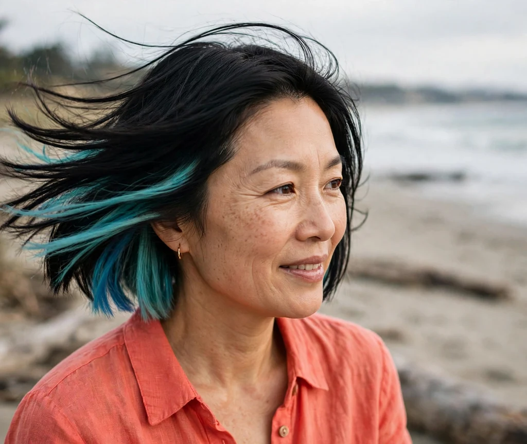 Aqua peek-a-boo hair dye panels under a chin length black bob