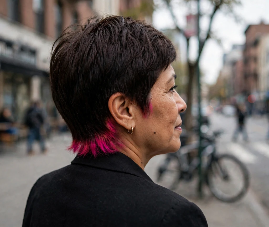 Fuchsia peek-a-boo hair dye at the nape of a dark pixie cut