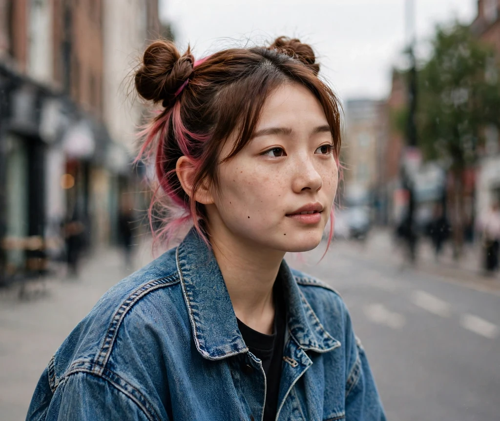 Pink peek-a-boo hair dye panels in playful space buns
