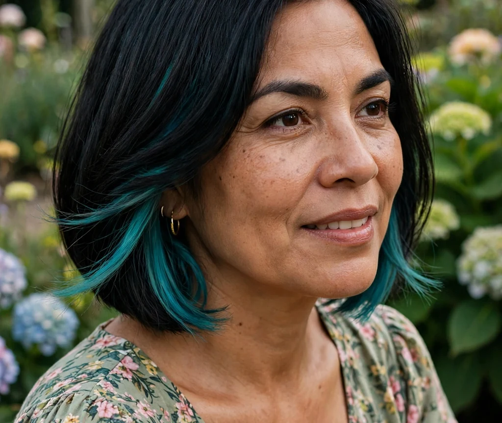 Teal peek-a-boo hair dye panels under a sleek black bob