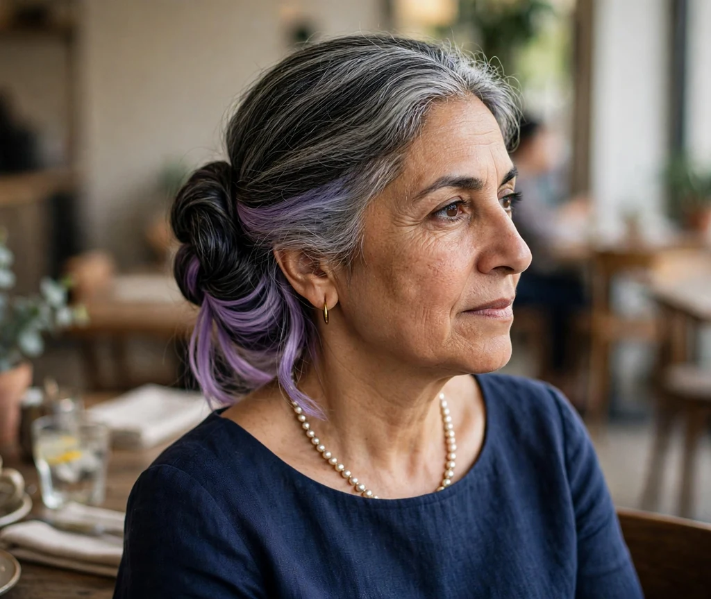 Lavender peek-a-boo hair dye panels under a salt and pepper chignon