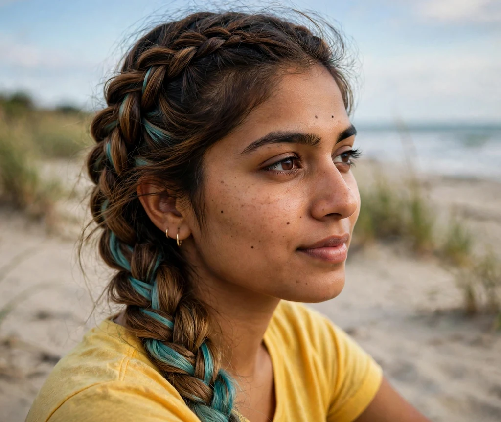 Turquoise peek-a-boo hair dye panels in a fishtail braid