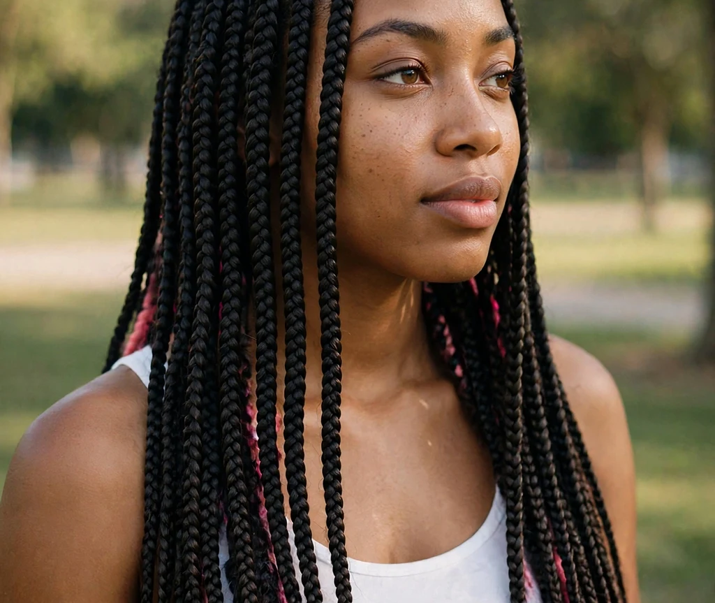 Pink peek-a-boo dyed strands hidden in long box braids