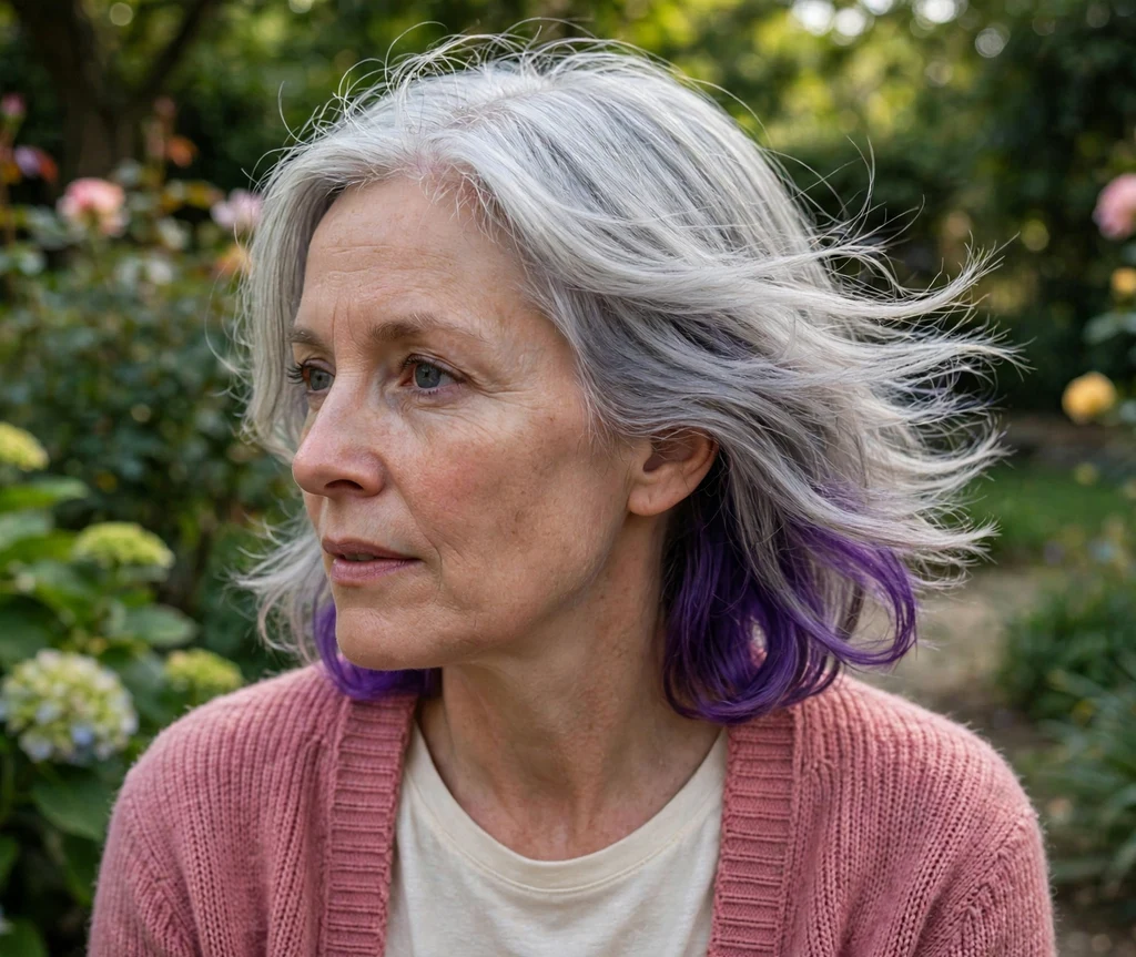 Violet peek-a-boo hair dye panels under a silver lob