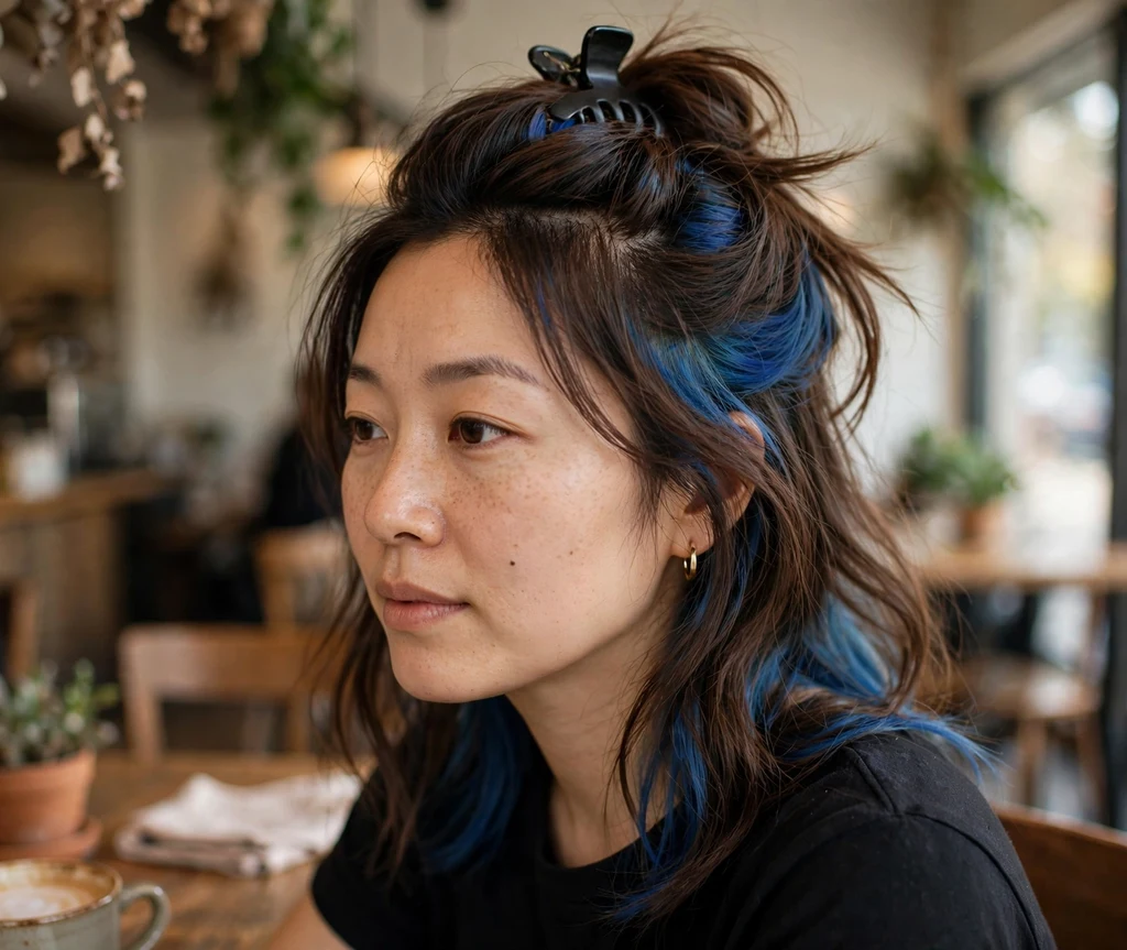 Blue peek-a-boo hair dye panels under a half up hairstyle