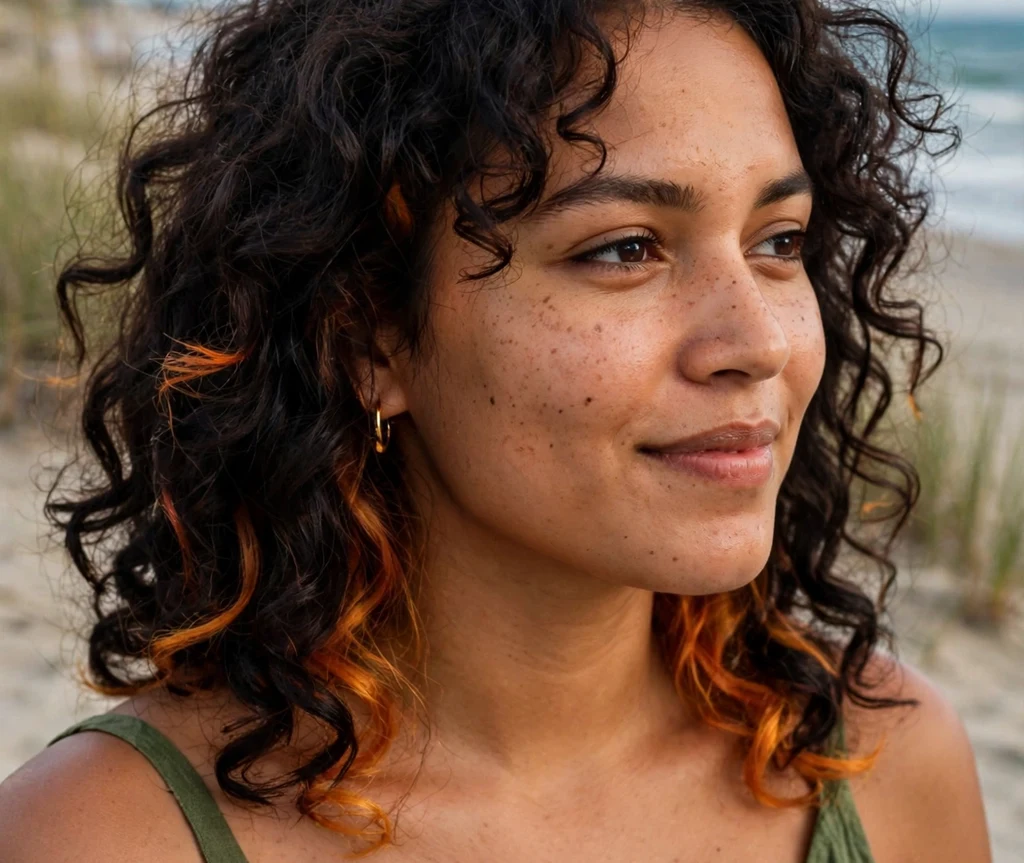 Amber orange peek-a-boo hair dye panels in dark curly hair