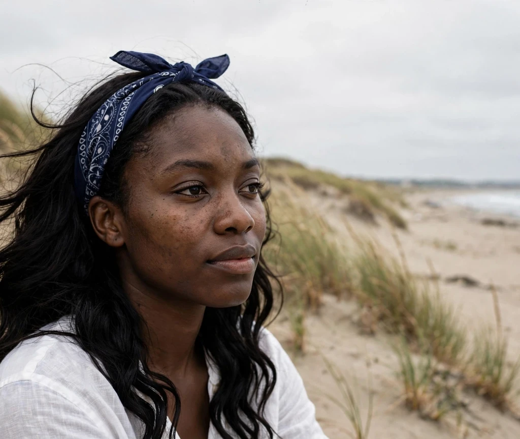 Woman with bandana-wrapped beach waves pirate hairstyle on a windswept beach