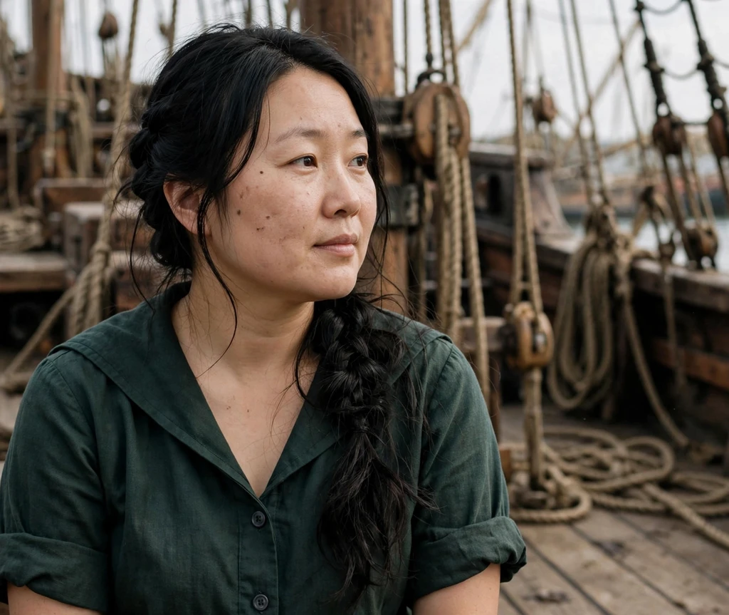 Woman with messy side braid pirate hairstyle on a ship deck