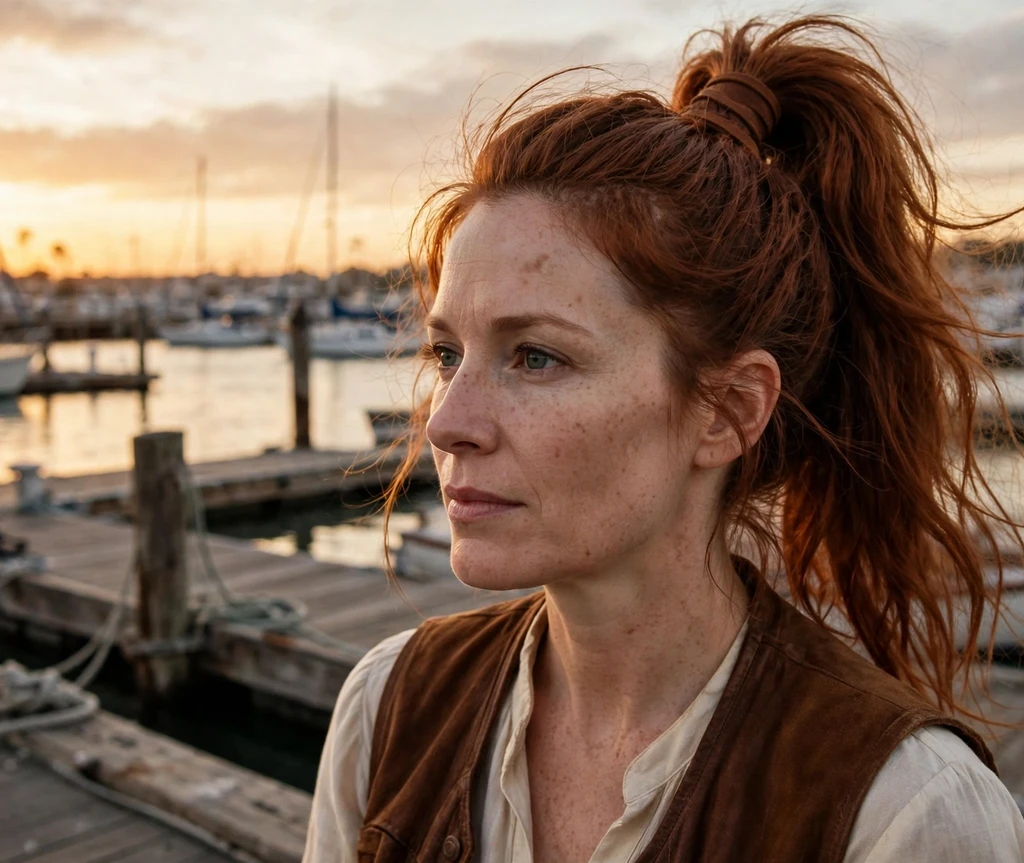 Woman with high ponytail pirate hairstyle at a harbor dock