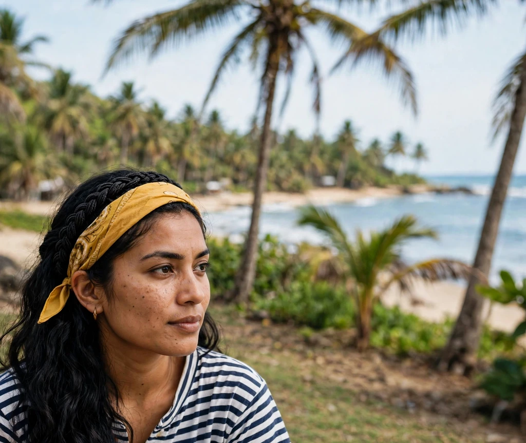 Woman with rope braid across the crown pirate hairstyle on a tropical coastline