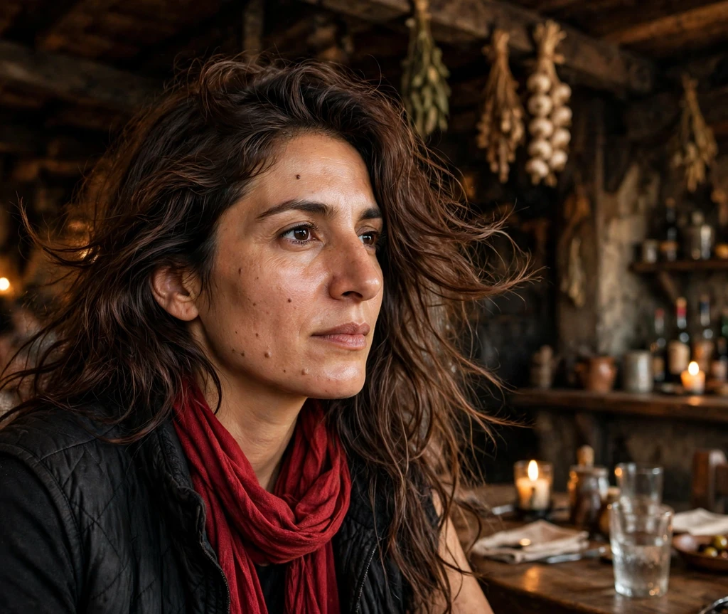 Woman with tousled sea-windswept layered pirate hairstyle in a tavern