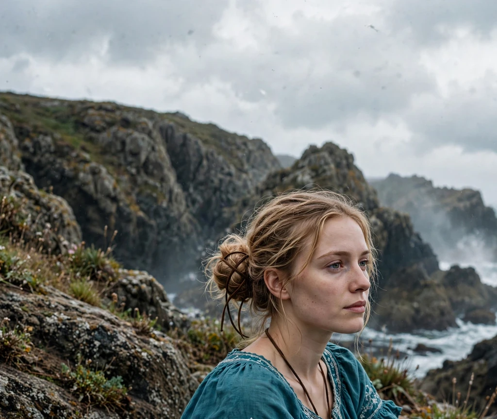 Woman with low bun wrapped in leather cords pirate hairstyle on a seaside cliff