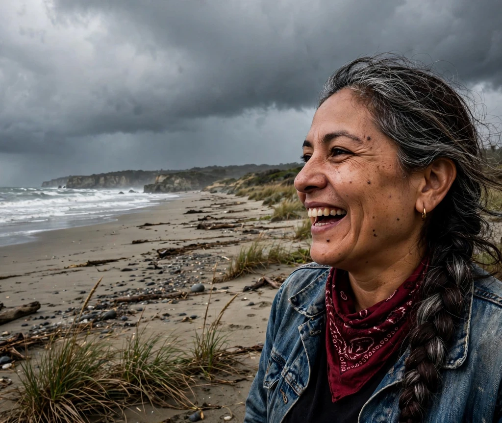 Woman with fishtail braid pirate hairstyle on a stormy beach