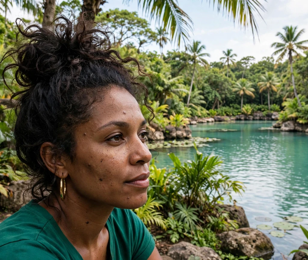 Woman with messy top knot pirate hairstyle at a tropical lagoon