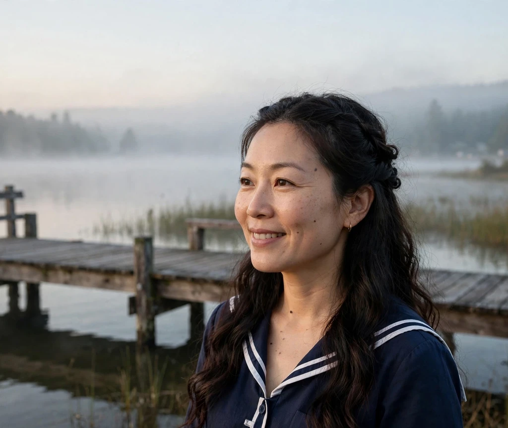 Woman with half-up twisted mermaid waves pirate hairstyle on a wooden pier