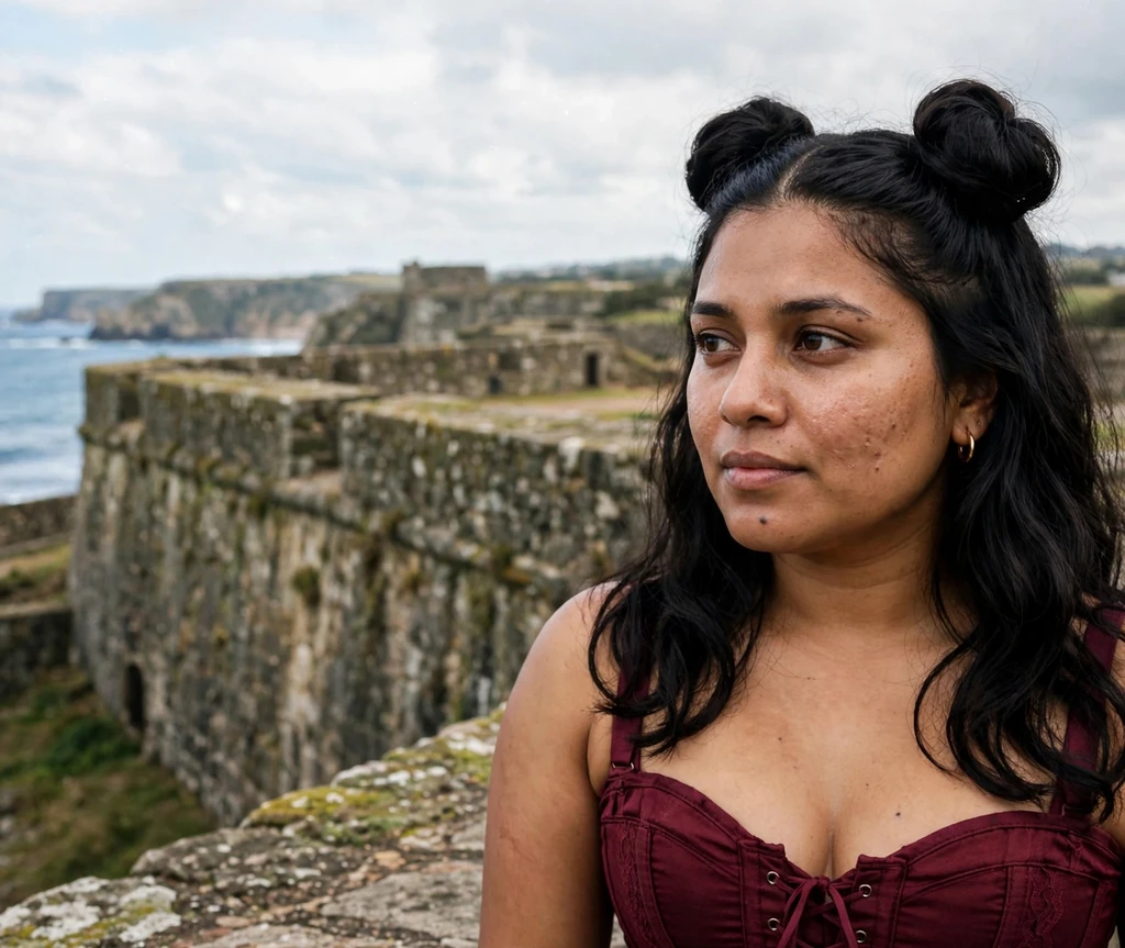 Woman with double space buns pirate hairstyle by a seaside fortress