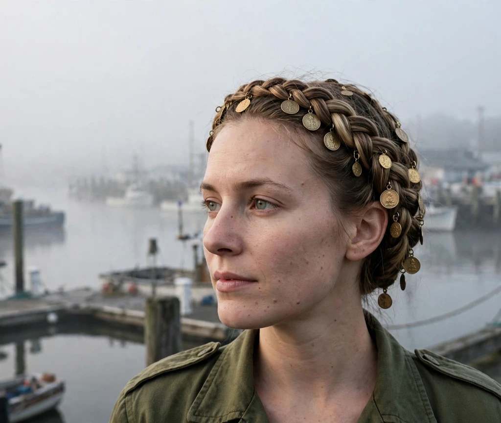 Woman with braided halo crown pirate hairstyle in a misty harbor