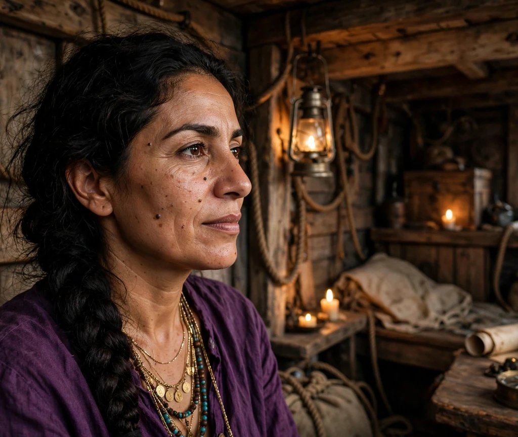 Woman with loose Dutch braid pirate hairstyle in a ship cabin