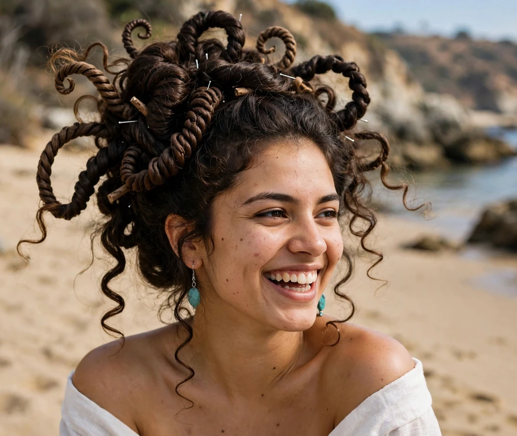 Woman with twisted tentacle-like updo pirate hairstyle on a beach at dawn