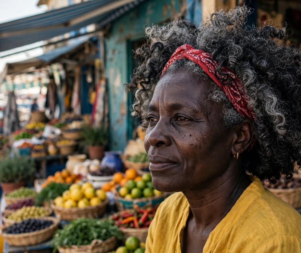 Woman with voluminous curly pirate hairstyle in a sunny cove