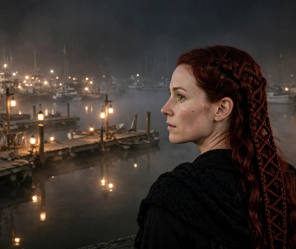 Woman with ladder braid pirate hairstyle in a ship workshop