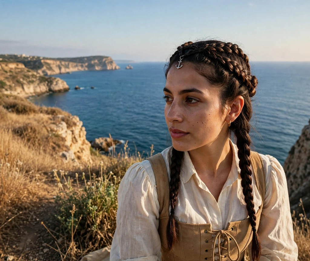Woman with braided crown pirate hairstyle at coastal ruins