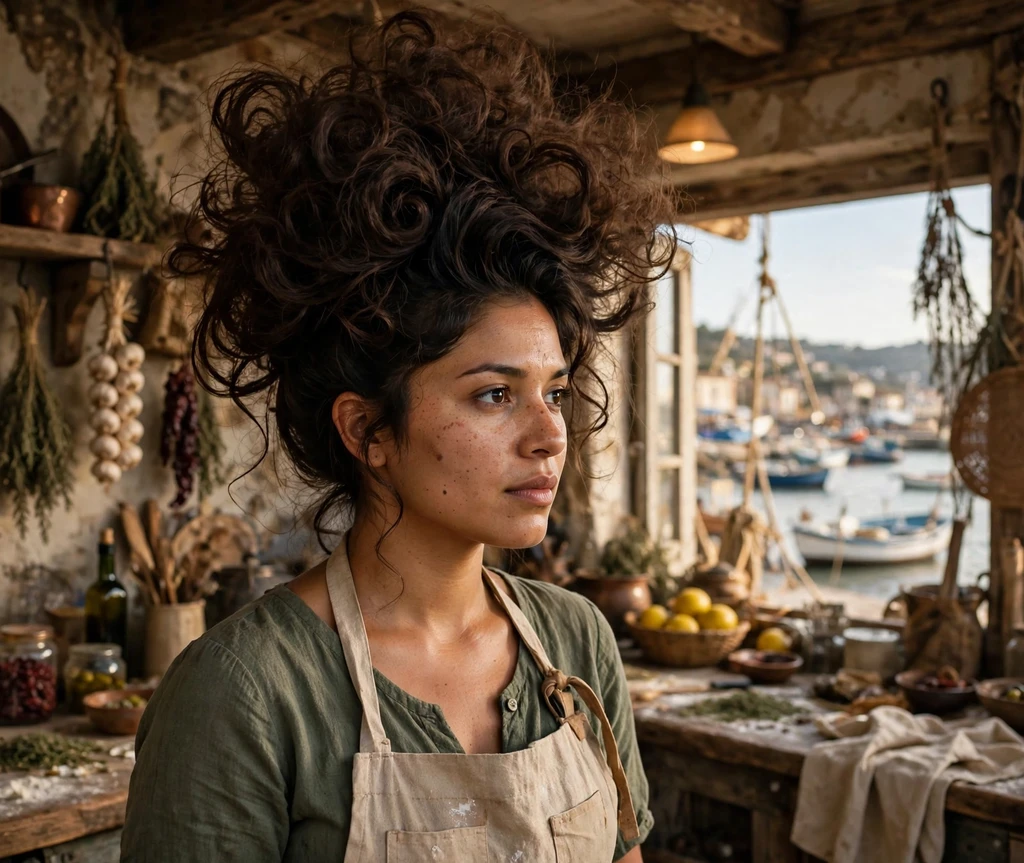 Woman with dramatic voluminous updo pirate hairstyle on a moonlit deck