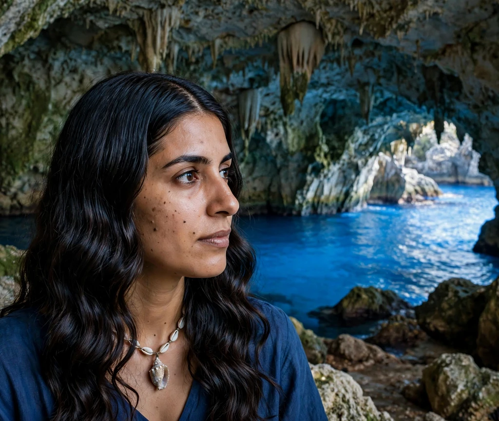 Woman with center-parted sleek waves pirate hairstyle on a windy cliff