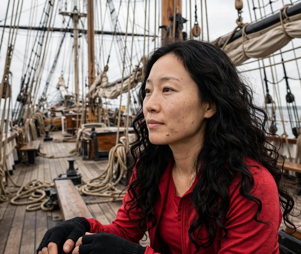 Woman with loose ringlet curls pirate hairstyle on a foamy shoreline