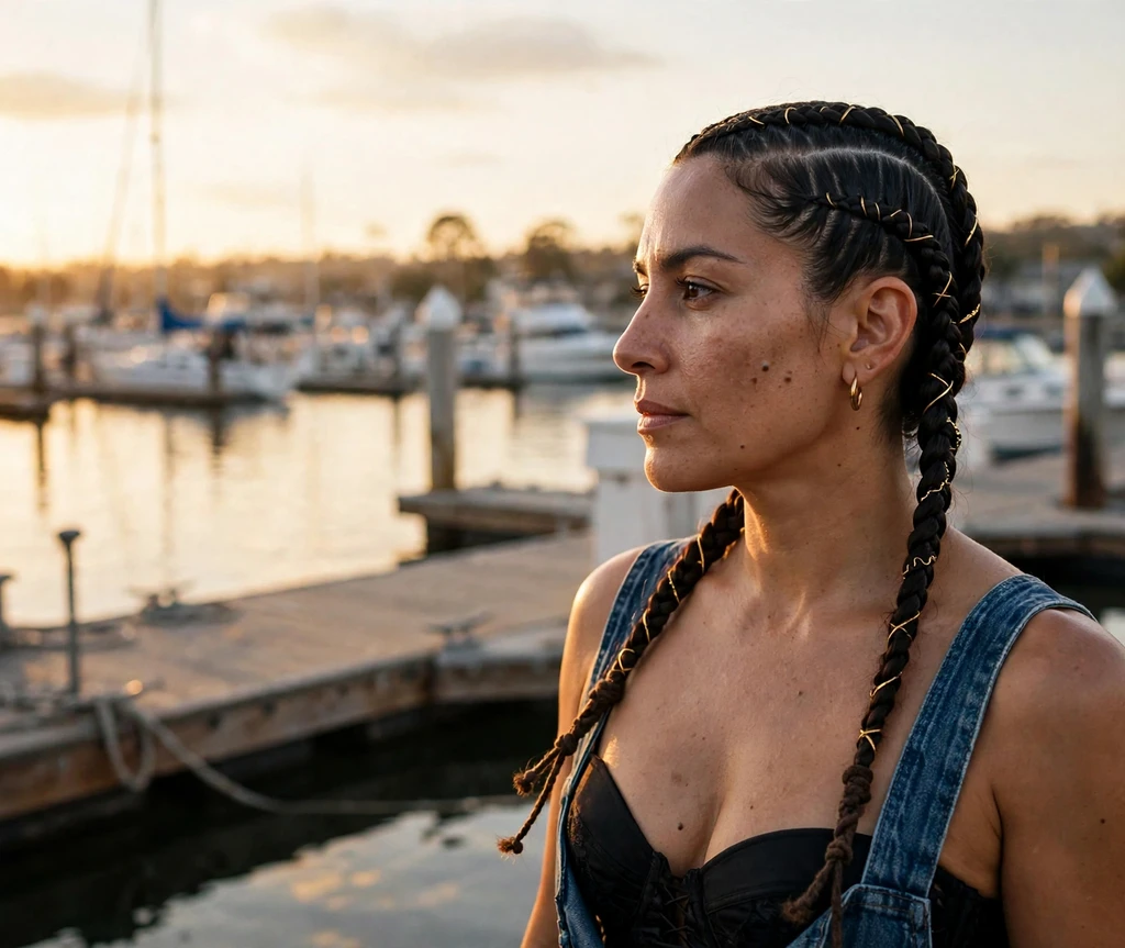 Woman with double boxer braids pirate hairstyle on a tall ship deck