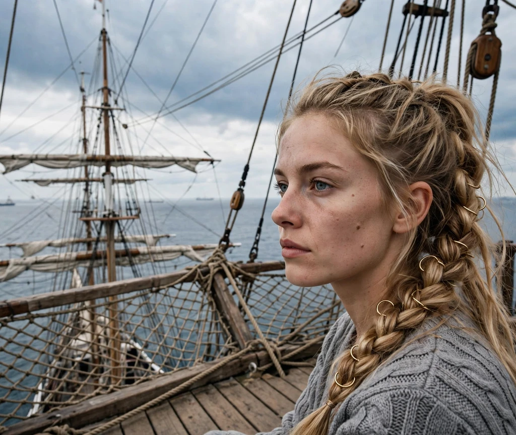 Woman with braided ponytail decorated with gold hoops pirate hairstyle at a dock