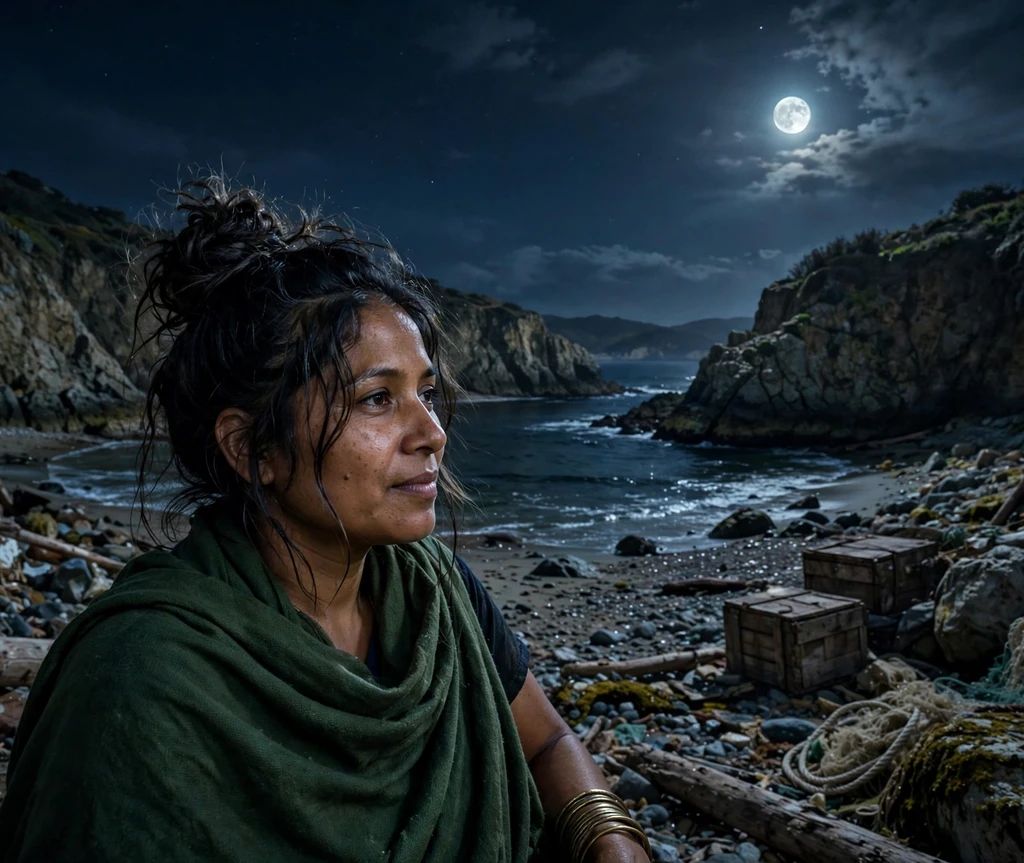 Woman with high messy bun pirate hairstyle on a crow's nest platform