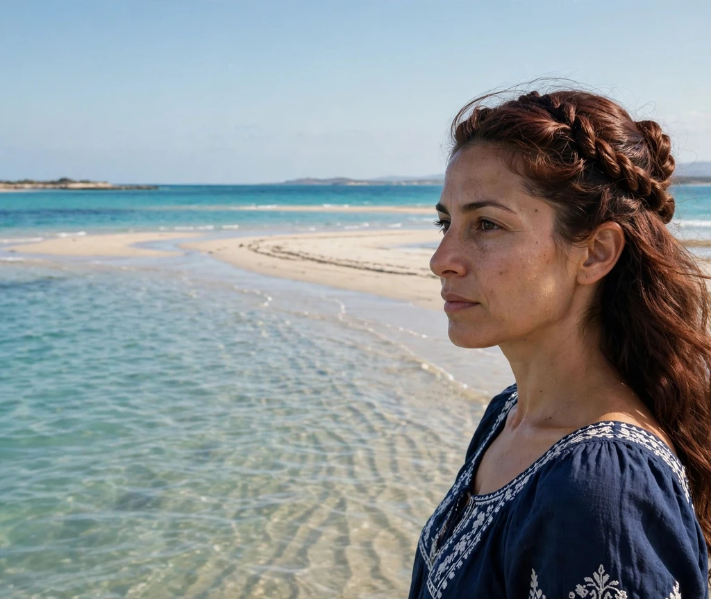 Woman with twisted half-up crown pirate hairstyle in a moonlit cove