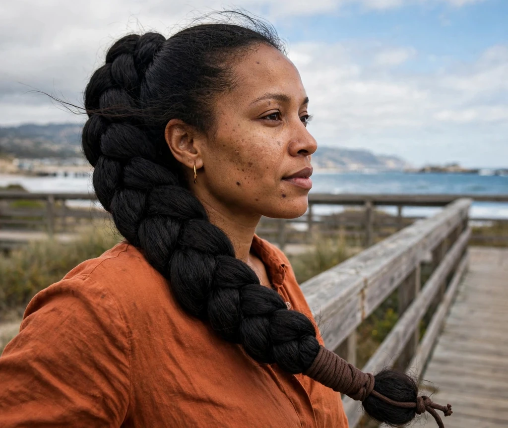 Woman with pull-through braid pirate hairstyle in turquoise ocean shallows