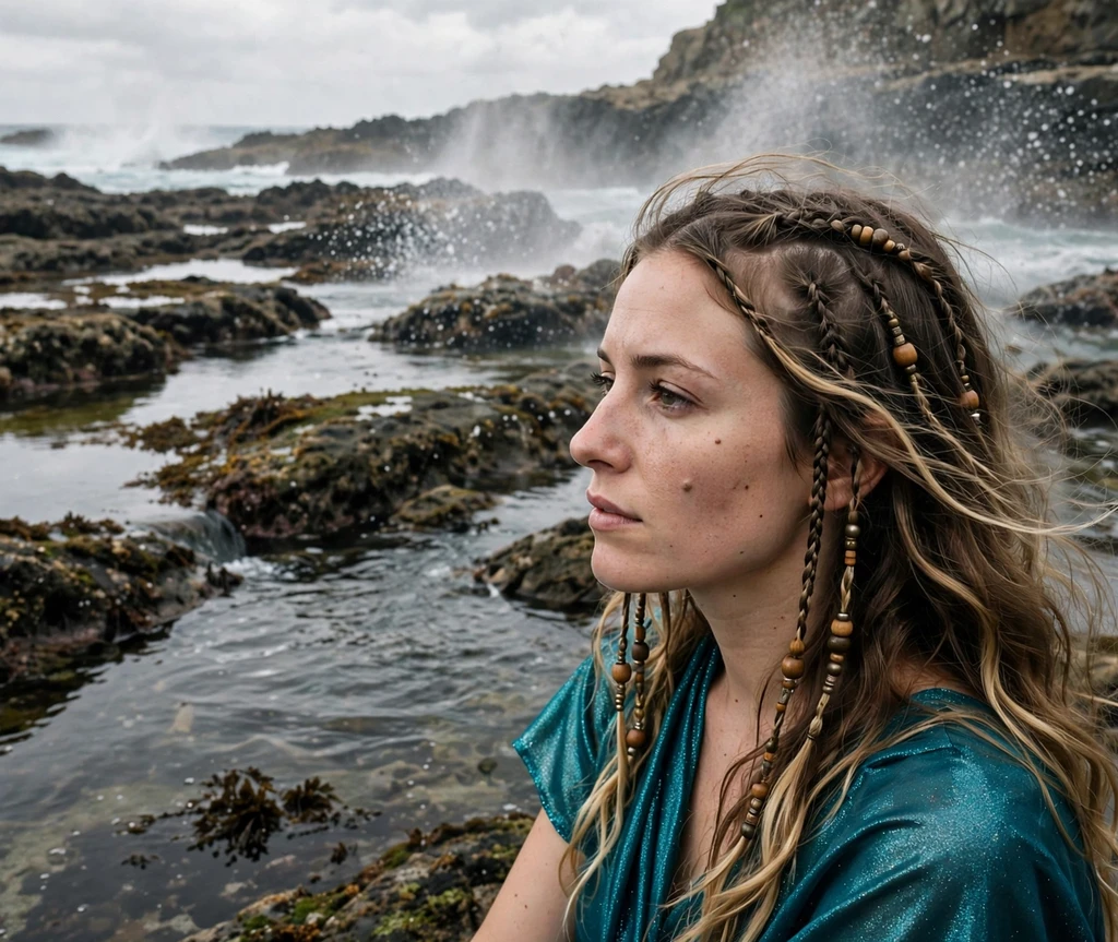 Woman with thin beaded braids pirate hairstyle on a torch-lit night beach
