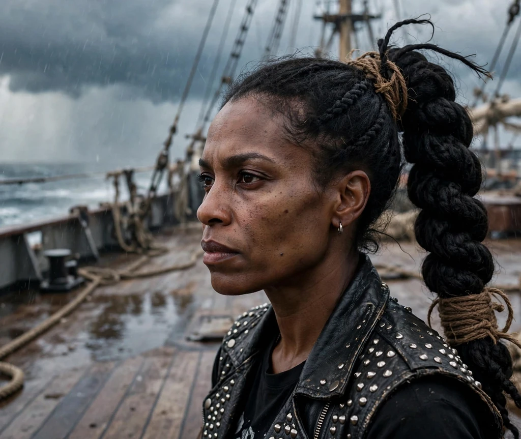 Woman with rope-twist ponytail pirate hairstyle among tall ship rigging