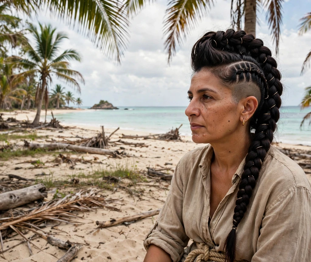 Woman with braided mohawk updo pirate hairstyle on a storm-lit deck
