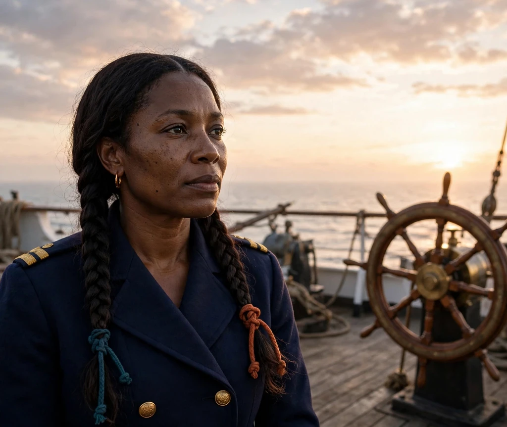 Woman with two braided pigtails pirate hairstyle on a sunny ship deck