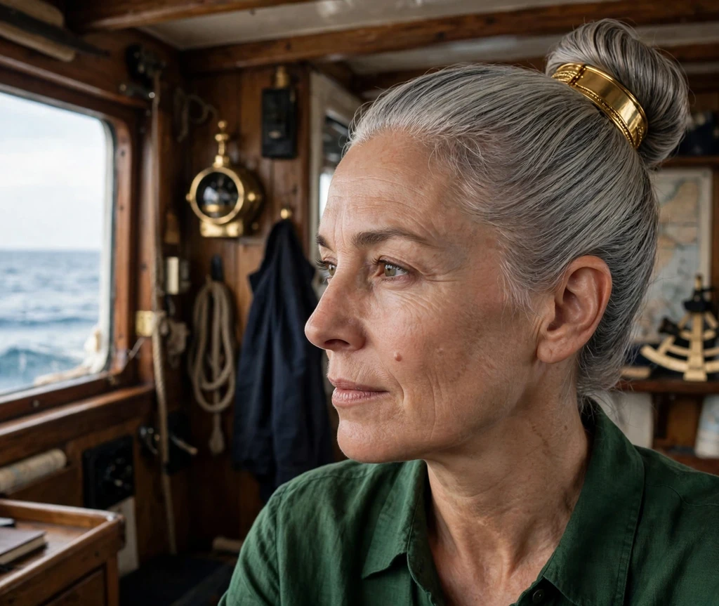 Woman with elegant high bun pirate hairstyle at a ship's wheel at sunrise